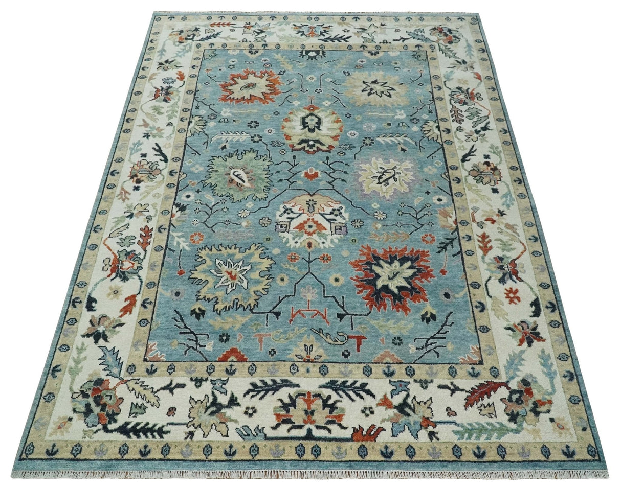 Blue, Ivory and Beige 8x10 and 9x12 Hand knotted Traditional Oushak Wool Area Rug