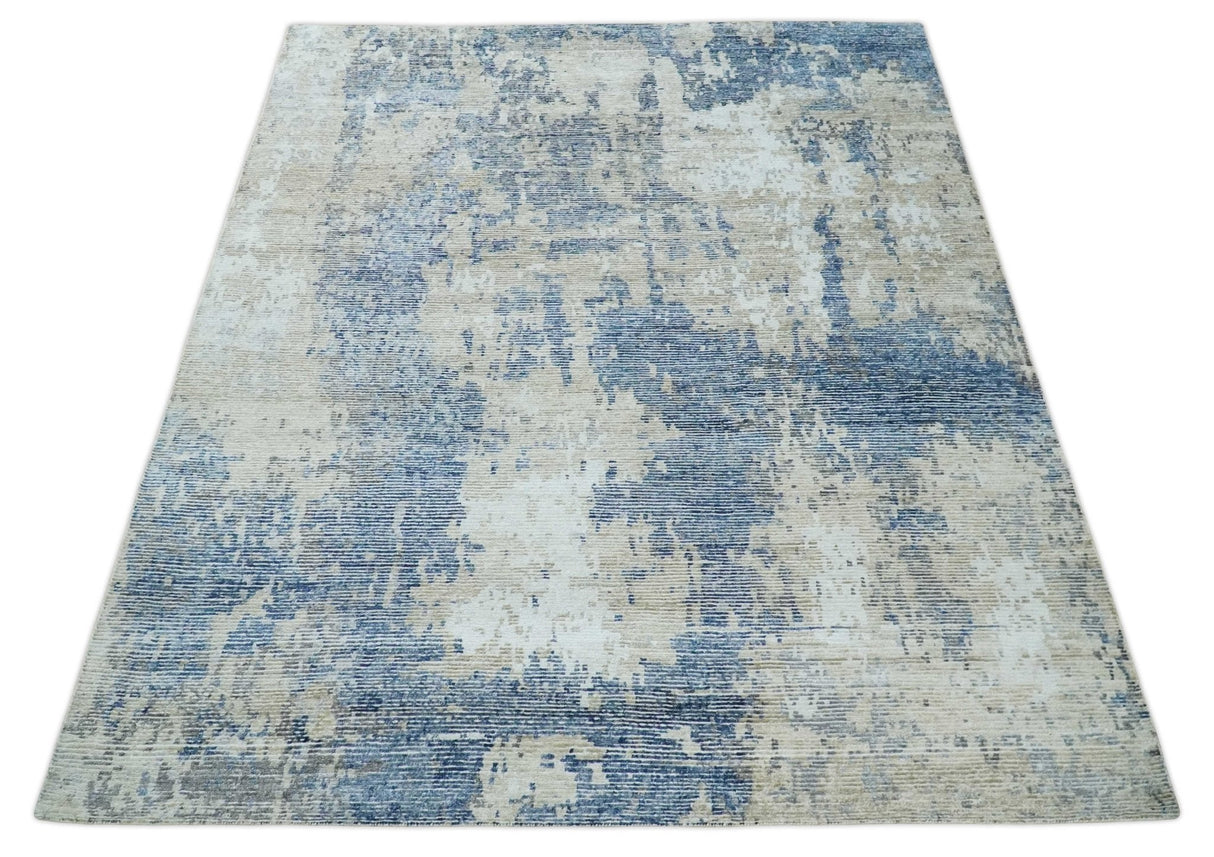 Blue, Ivory and Beige Hand Knotted Abstract 8x10 Bamboo Silk Area Rug | TRD2911