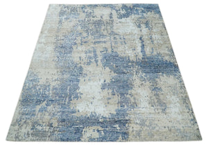 Blue, Ivory and Beige Hand Knotted Abstract 8x10 Bamboo Silk Area Rug | TRD2911