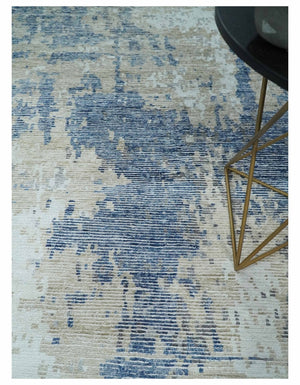 Blue, Ivory and Beige Hand Knotted Abstract 8x10 Bamboo Silk Area Rug | TRD2911