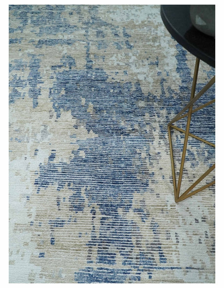 Blue, Ivory and Beige Hand Knotted Abstract 8x10 Bamboo Silk Area Rug | TRD2911