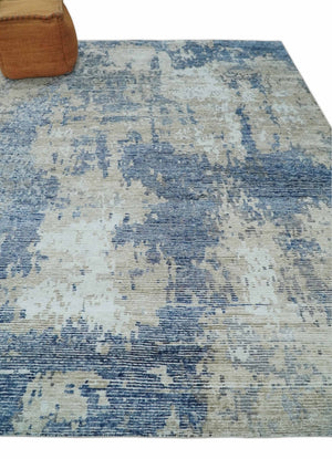 Blue, Ivory and Beige Hand Knotted Abstract 8x10 Bamboo Silk Area Rug | TRD2911