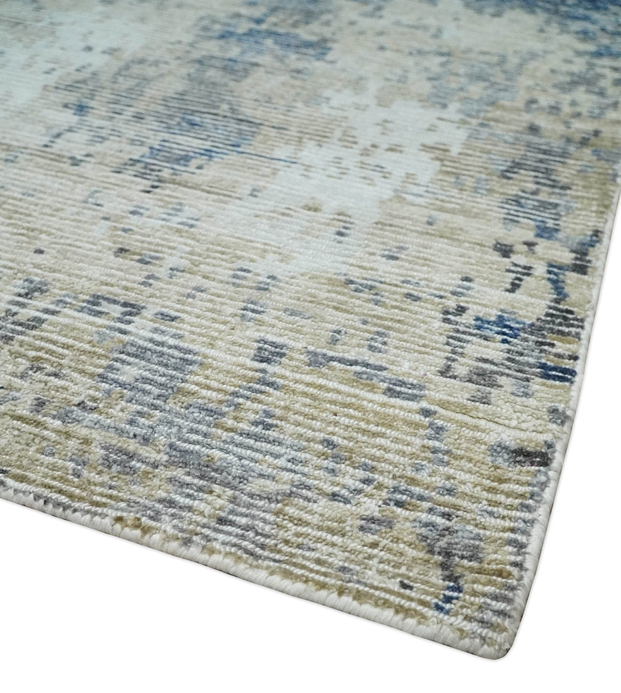 Blue, Ivory and Beige Hand Knotted Abstract 8x10 Bamboo Silk Area Rug | TRD2911