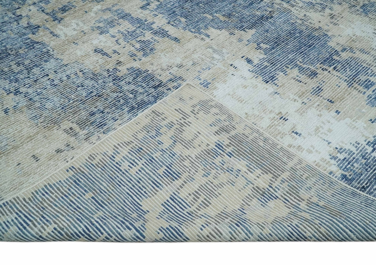 Blue, Ivory and Beige Hand Knotted Abstract 8x10 Bamboo Silk Area Rug | TRD2911