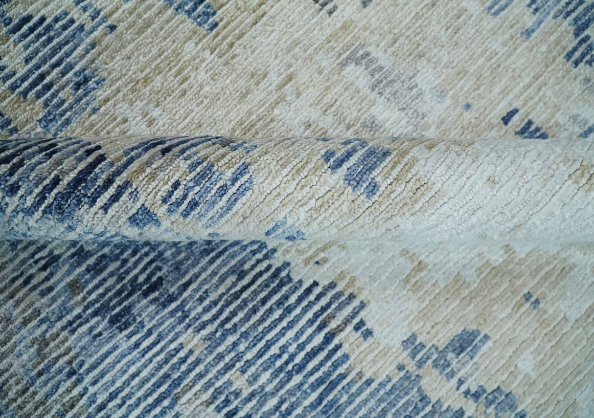 Blue, Ivory and Beige Hand Knotted Abstract 8x10 Bamboo Silk Area Rug | TRD2911