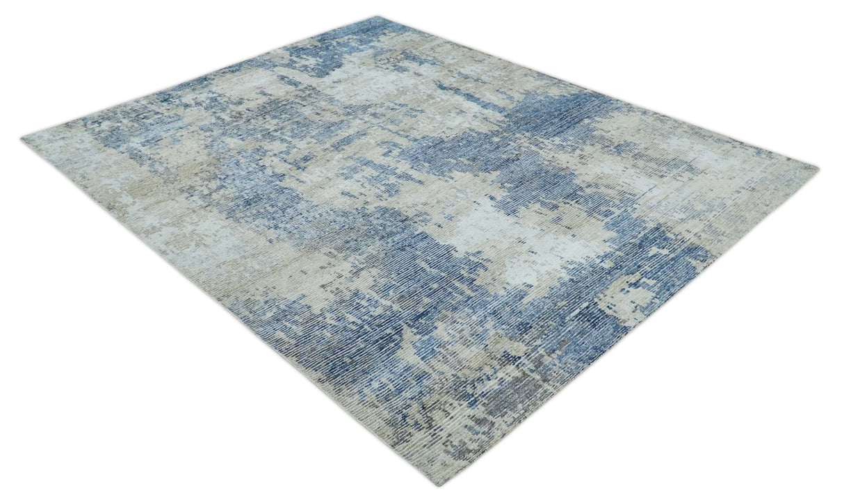 Blue, Ivory and Beige Hand Knotted Abstract 8x10 Bamboo Silk Area Rug | TRD2911