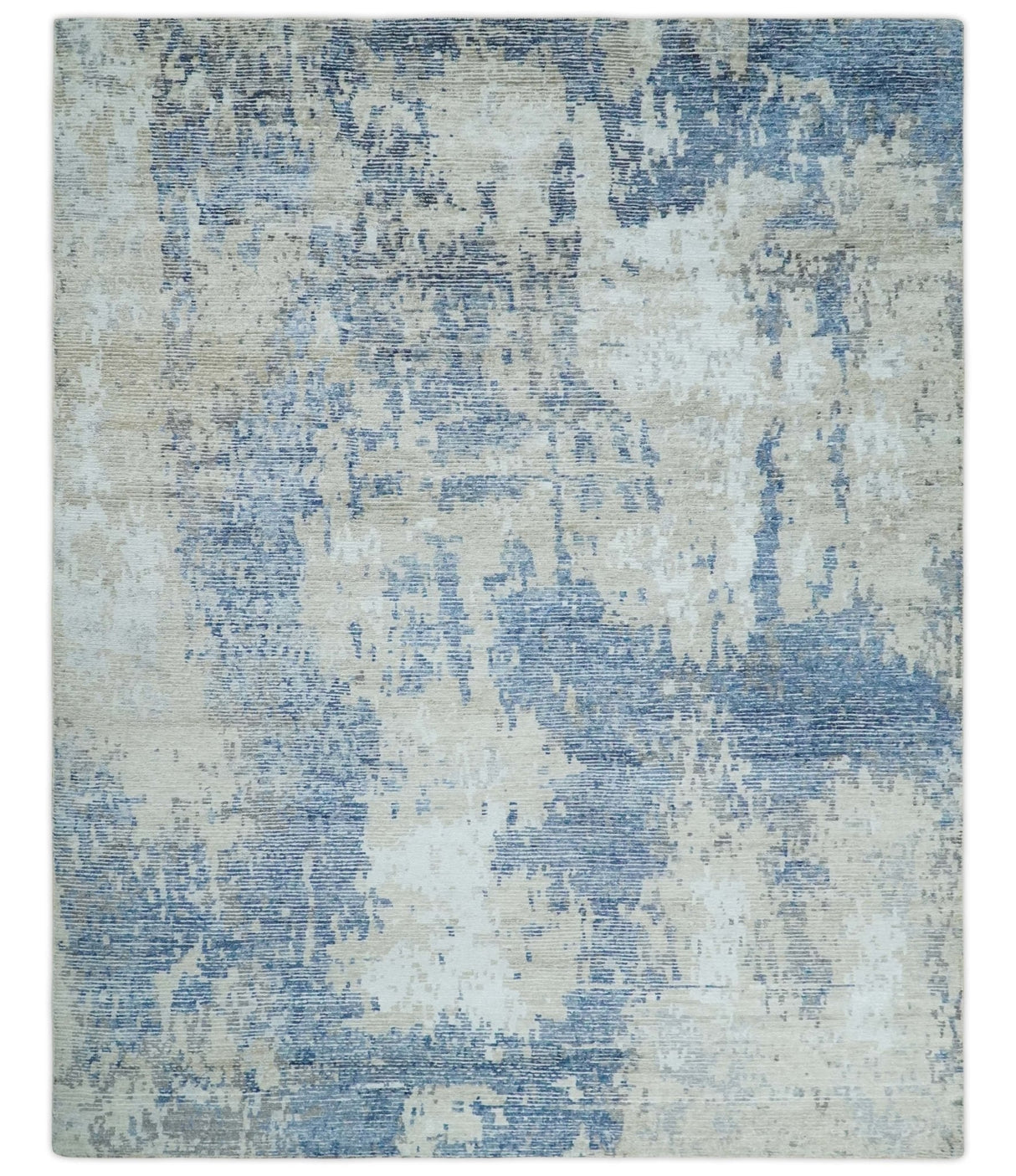 Blue, Ivory and Beige Hand Knotted Abstract 8x10 Bamboo Silk Area Rug | TRD2911