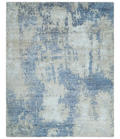 Blue, Ivory and Beige Hand Knotted Abstract 8x10 Bamboo Silk Area Rug | TRD2911