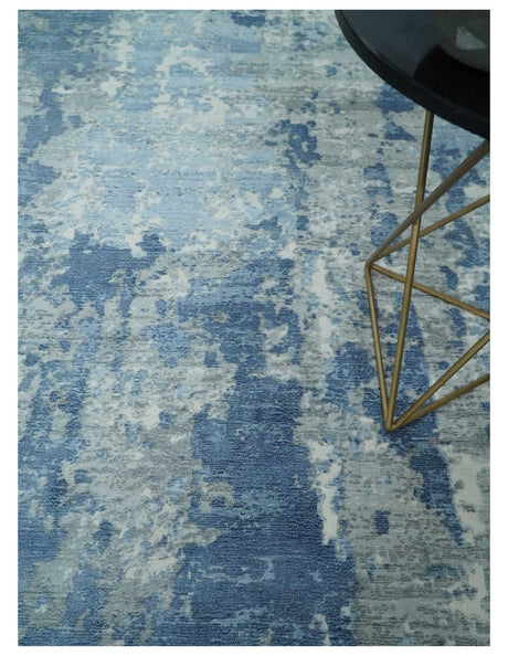 Blue, Ivory and Gray Modern Abstract 6x9 Hand Loomed Blended wool and Art silk Area Rug