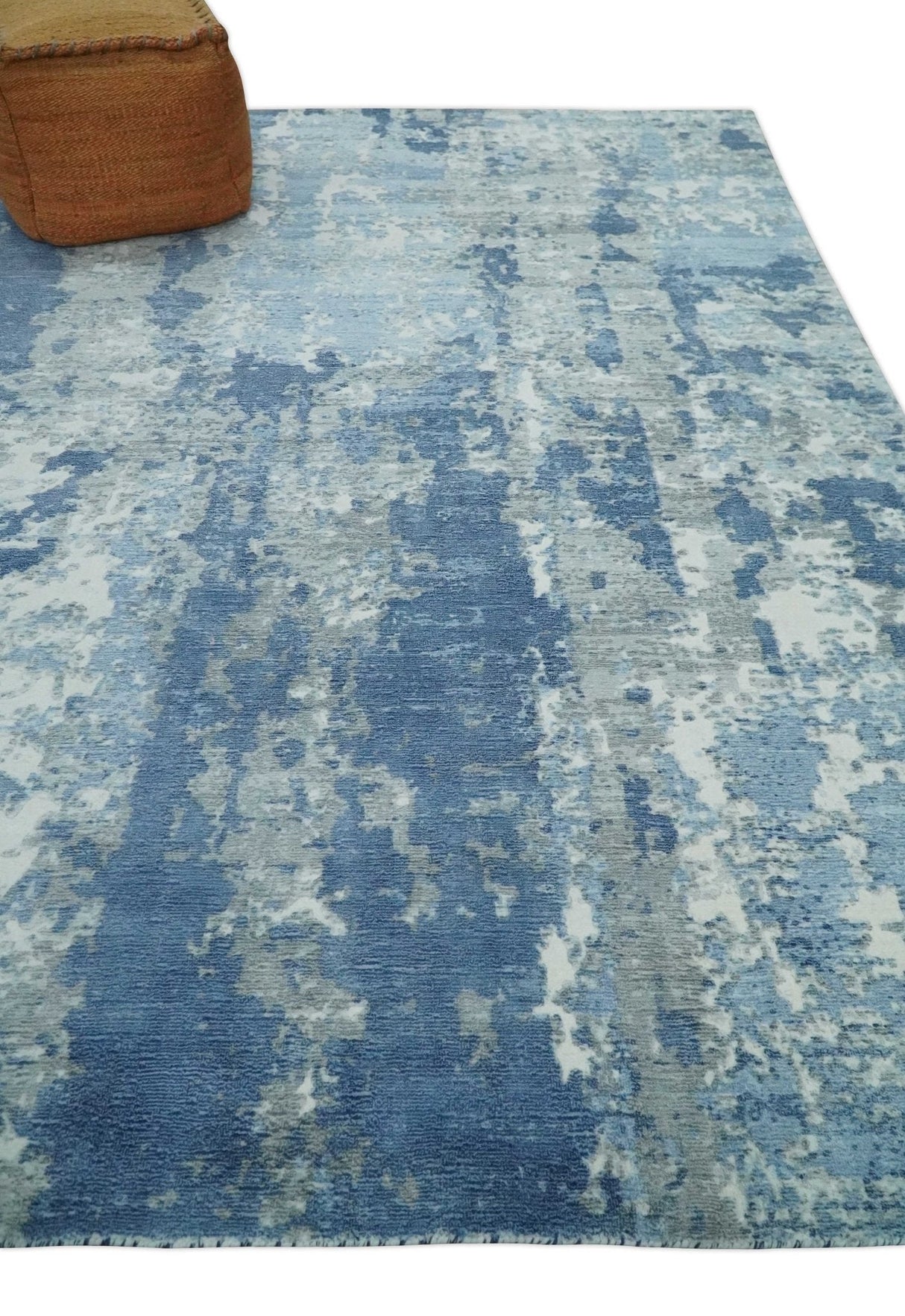 Blue, Ivory and Gray Modern Abstract 6x9 Hand Loomed Blended wool and Art silk Area Rug