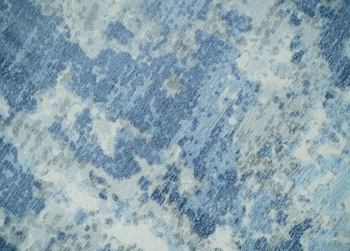 Blue, Ivory and Gray Modern Abstract 6x9 Hand Loomed Blended wool and Art silk Area Rug
