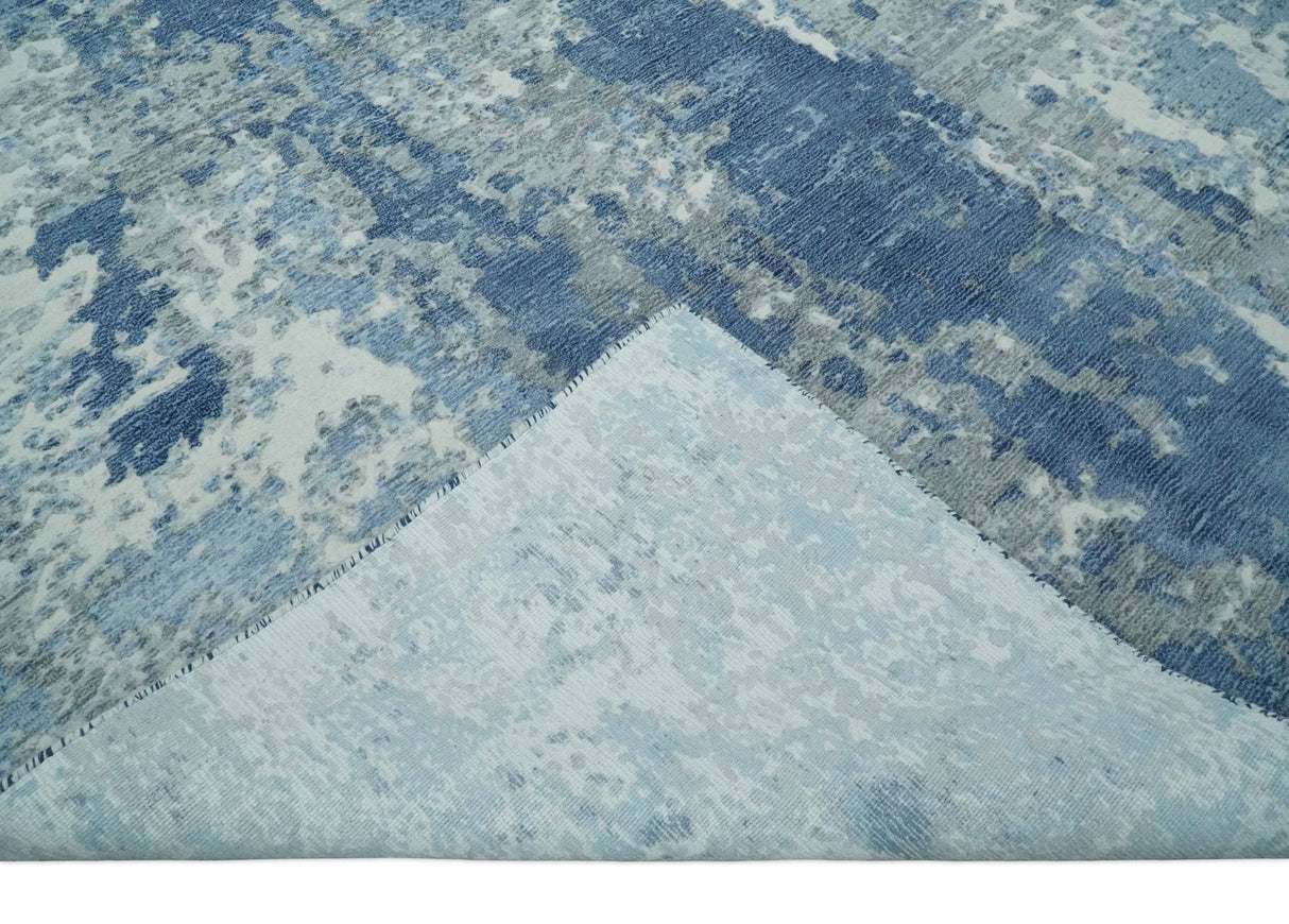 Blue, Ivory and Gray Modern Abstract 6x9 Hand Loomed Blended wool and Art silk Area Rug