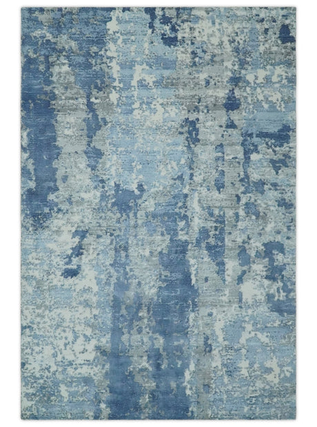 Blue, Ivory and Gray Modern Abstract 6x9 Hand Loomed Blended wool and Art silk Area Rug