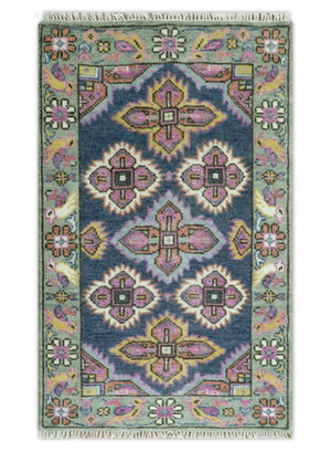 Blue, Purple and Green hand knotted Traditional Heriz Serapi Wool Area Rug