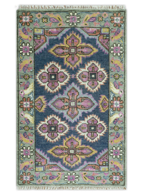Blue, Purple and Green hand knotted Traditional Heriz Serapi Wool Area Rug