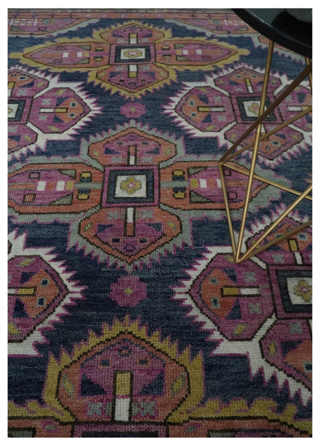Blue, Purple and Green hand knotted Traditional Heriz Serapi Wool Area Rug