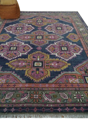 Blue, Purple and Green hand knotted Traditional Heriz Serapi Wool Area Rug