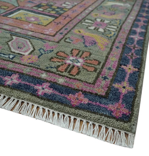 Blue, Purple and Green hand knotted Traditional Heriz Serapi Wool Area Rug
