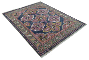 Blue, Purple and Green hand knotted Traditional Heriz Serapi Wool Area Rug