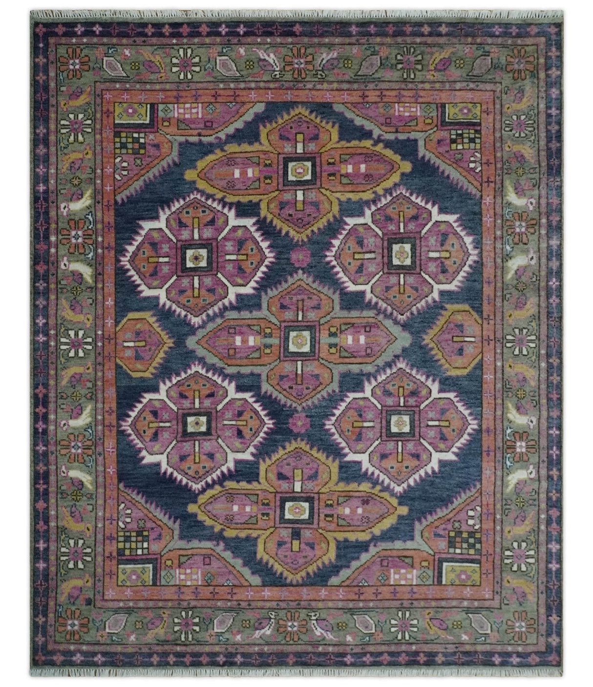 Blue, Purple and Green hand knotted Traditional Heriz Serapi Wool Area Rug