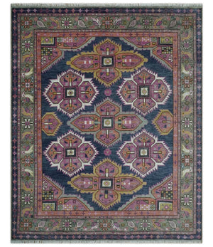 Blue, Purple and Green hand knotted Traditional Heriz Serapi Wool Area Rug