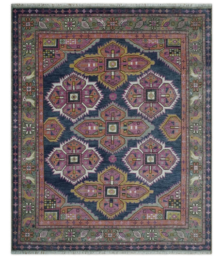 Blue, Purple and Green hand knotted Traditional Heriz Serapi Wool Area Rug