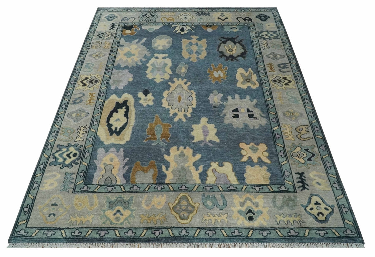 Blue, Silver and Beige Hand knotted Traditional Oushak 9x12 Wool Area Rug