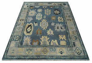 Blue, Silver and Beige Hand knotted Traditional Oushak 9x12 Wool Area Rug
