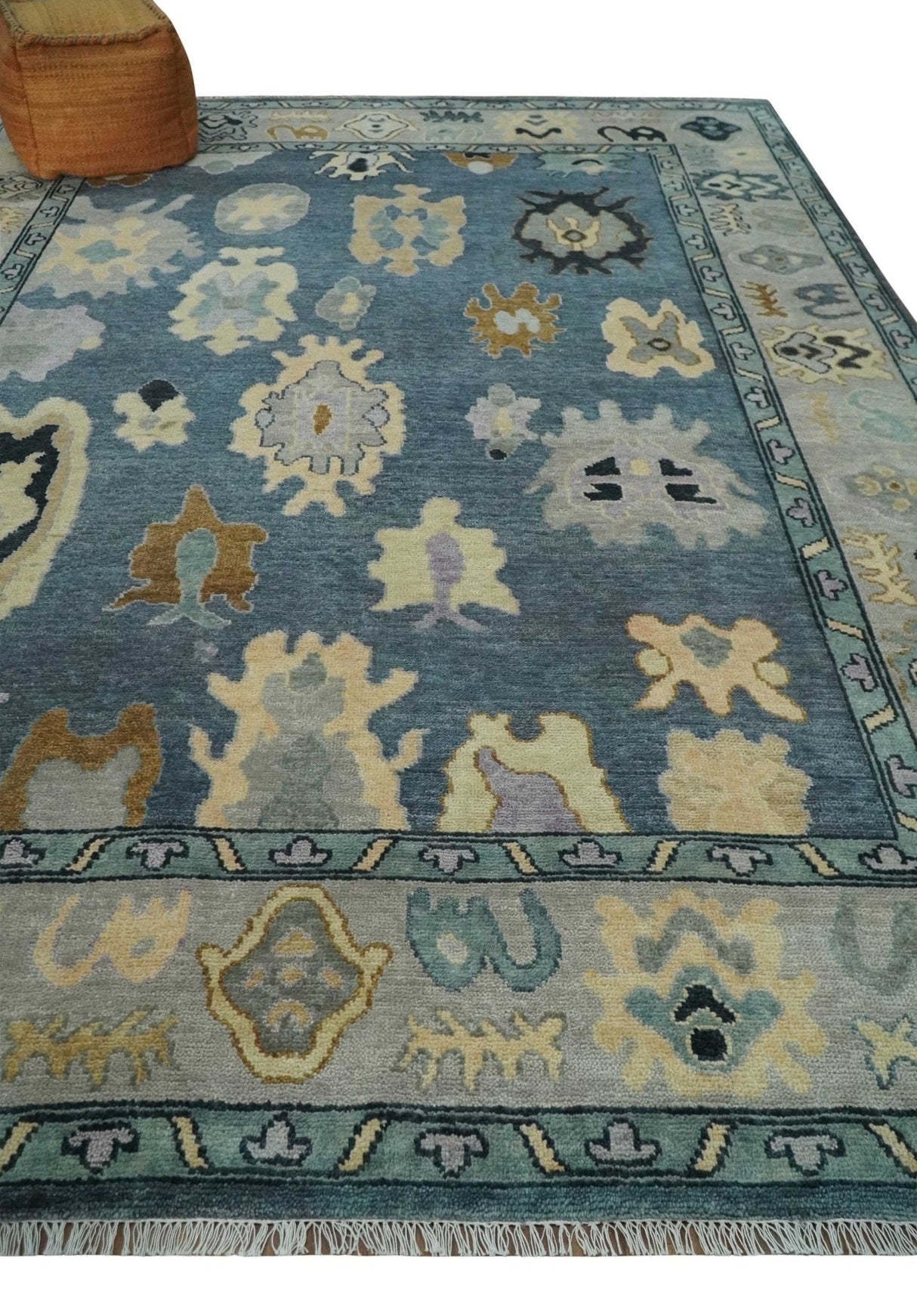 Blue, Silver and Beige Hand knotted Traditional Oushak 9x12 Wool Area Rug