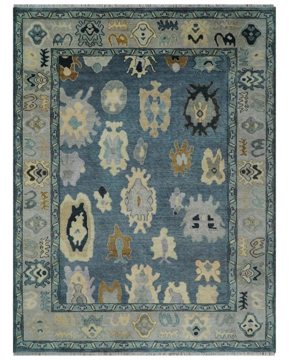 Blue, Silver and Beige Hand knotted Traditional Oushak 9x12 Wool Area Rug