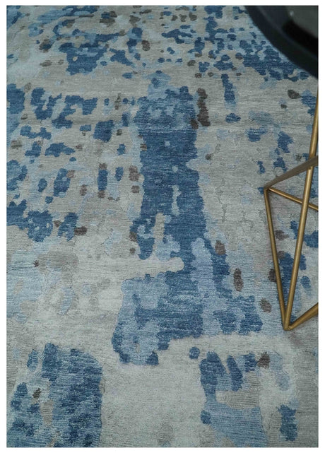 Blue, Silver and Brown Hand knotted Abstract wool and Silk Blended 8x10 Area Rug