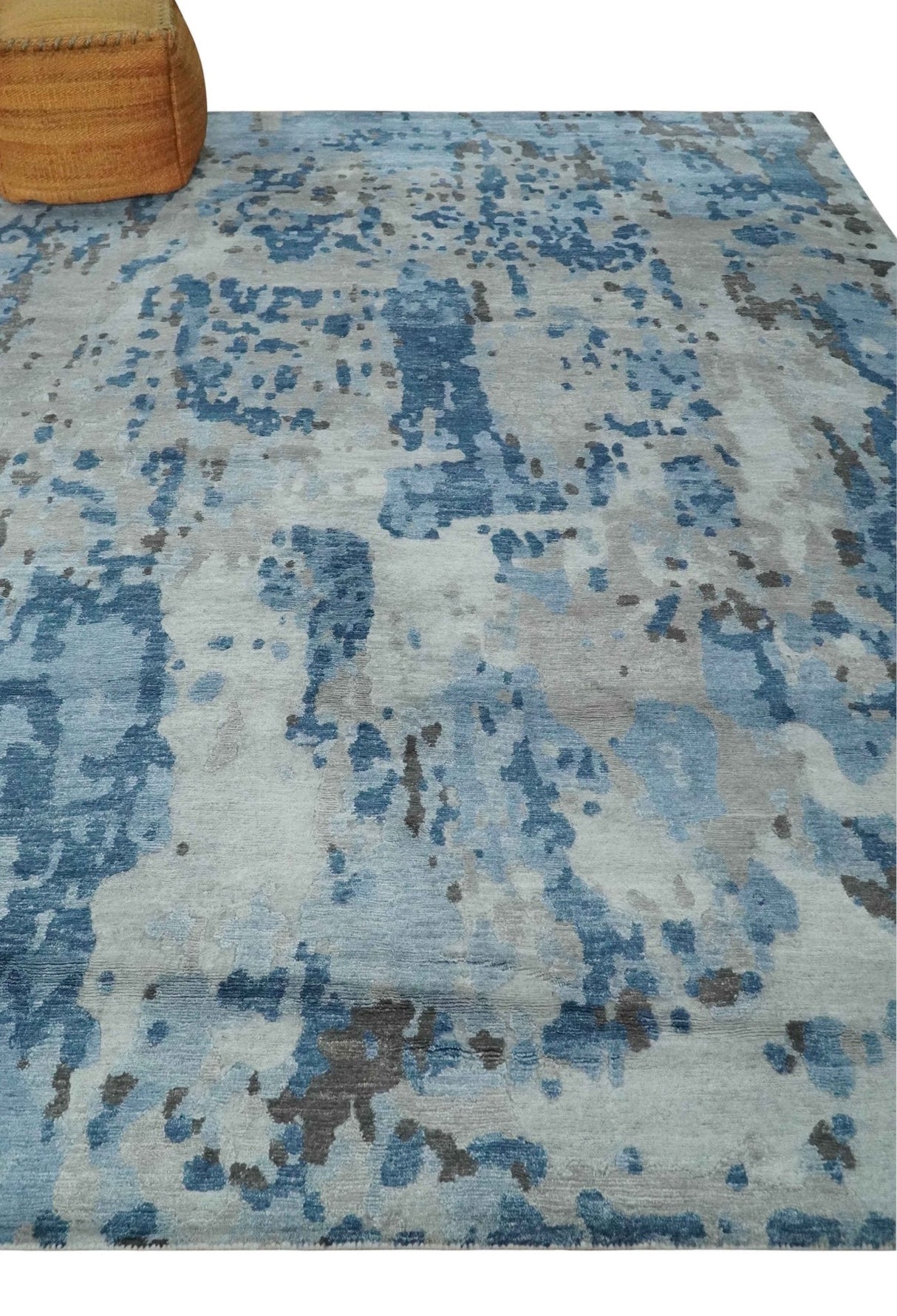 Blue, Silver and Brown Hand knotted Abstract wool and Silk Blended 8x10 Area Rug