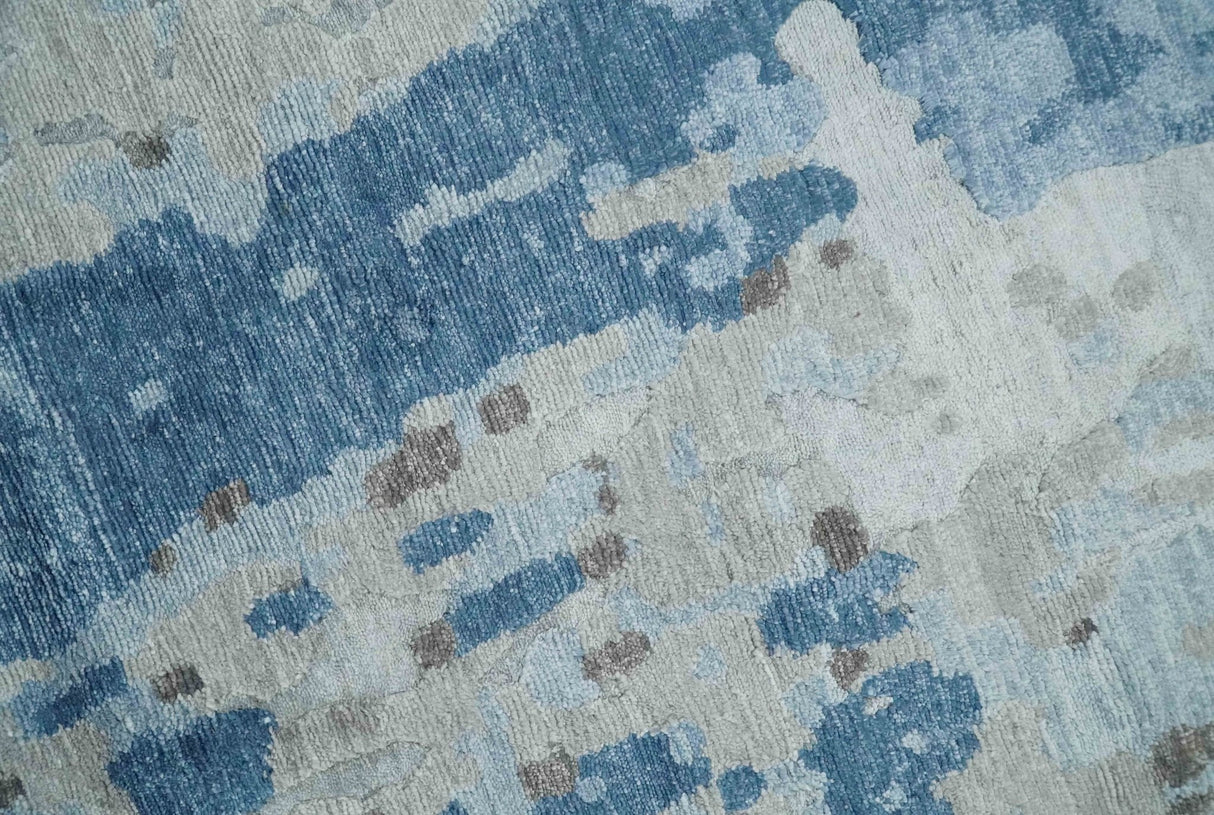 Blue, Silver and Brown Hand knotted Abstract wool and Silk Blended 8x10 Area Rug