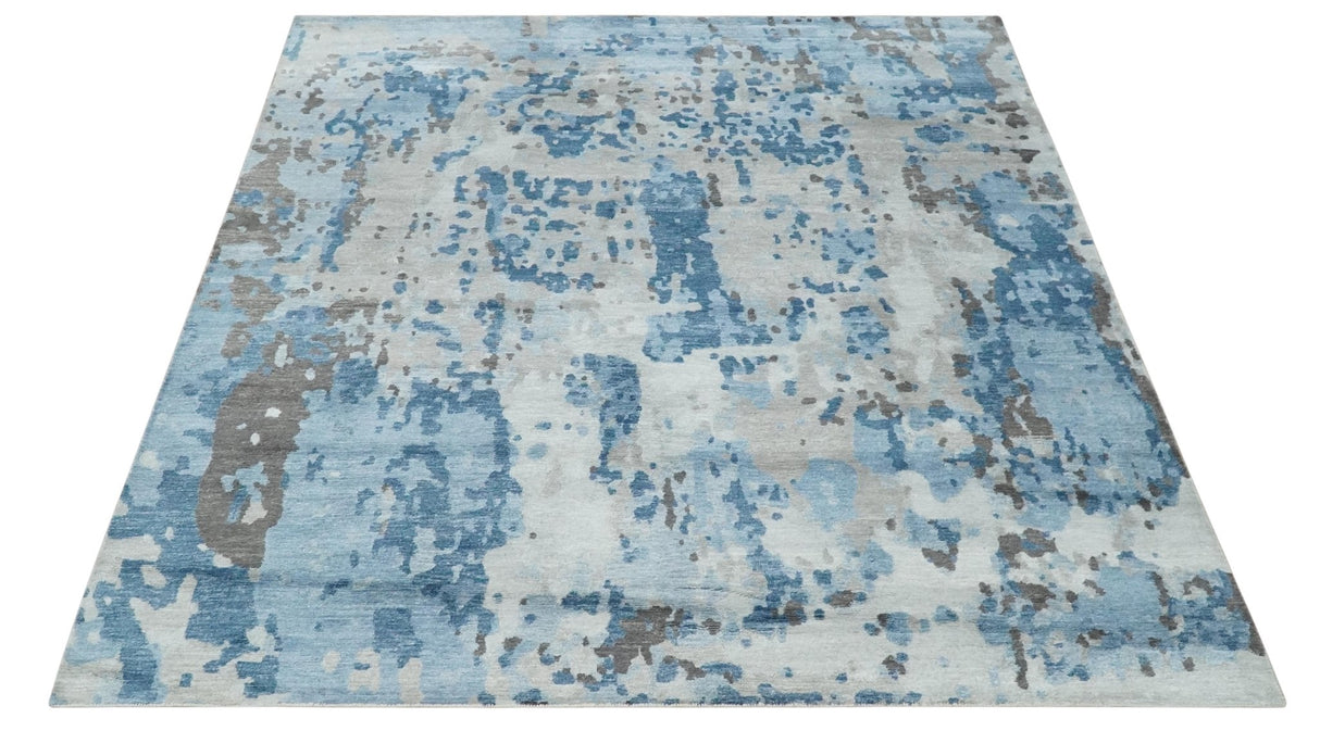 Blue, Silver and Brown Hand knotted Abstract wool and Silk Blended 8x10 Area Rug