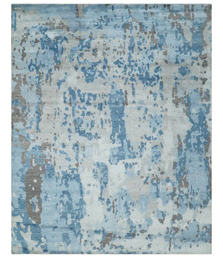 Blue, Silver and Brown Hand knotted Abstract wool and Silk Blended 8x10 Area Rug