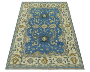 Blue and Beige 6x9 Hand Knotted Traditional Oushak wool area rug