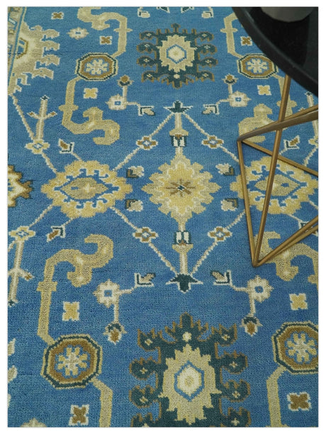 Blue and Beige 6x9 Hand Knotted Traditional Oushak wool area rug