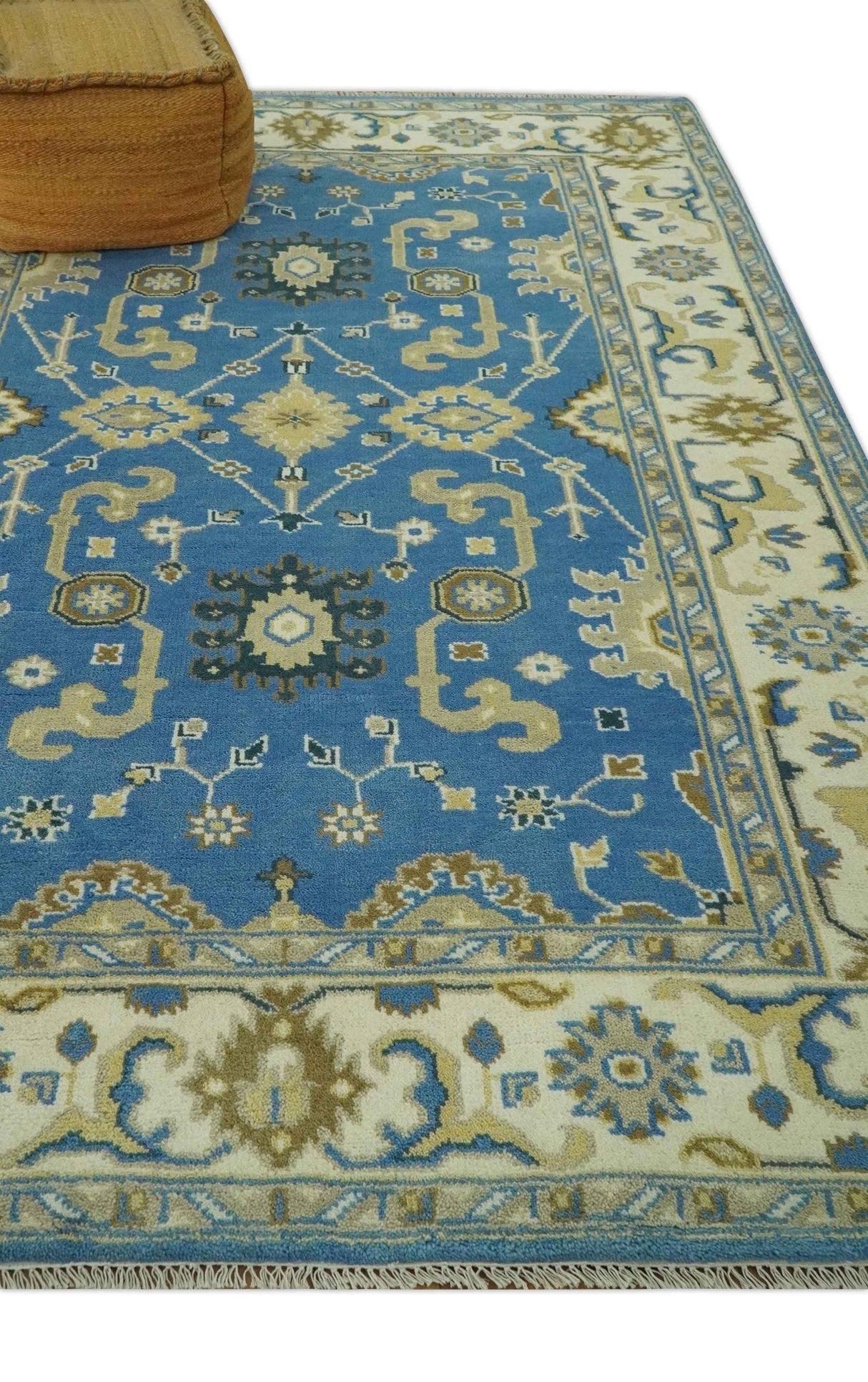 Blue and Beige 6x9 Hand Knotted Traditional Oushak wool area rug