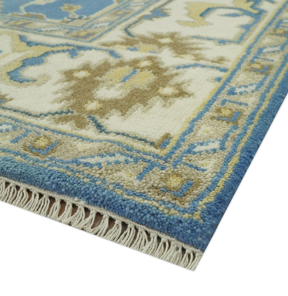 Blue and Beige 6x9 Hand Knotted Traditional Oushak wool area rug