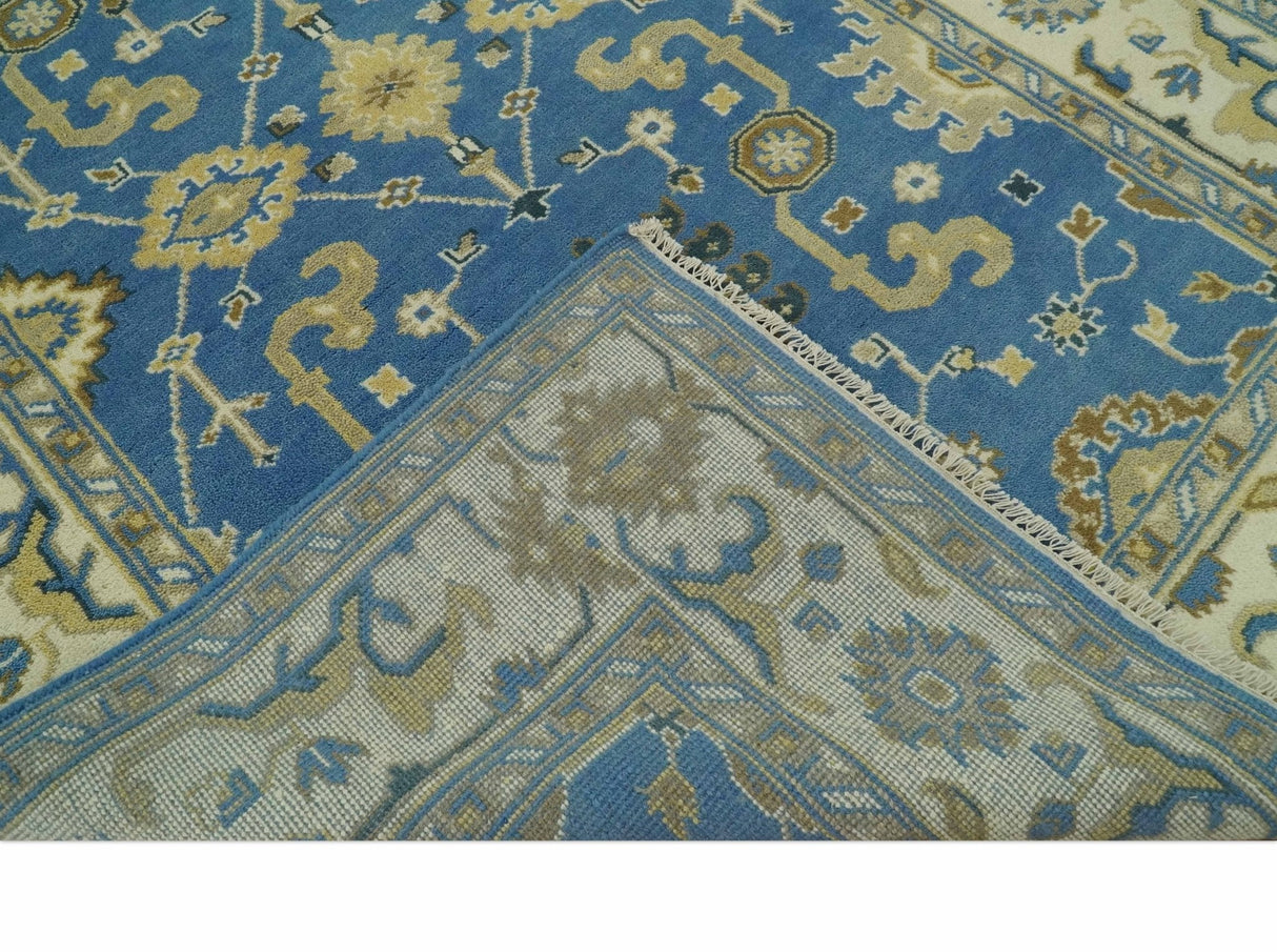 Blue and Beige 6x9 Hand Knotted Traditional Oushak wool area rug