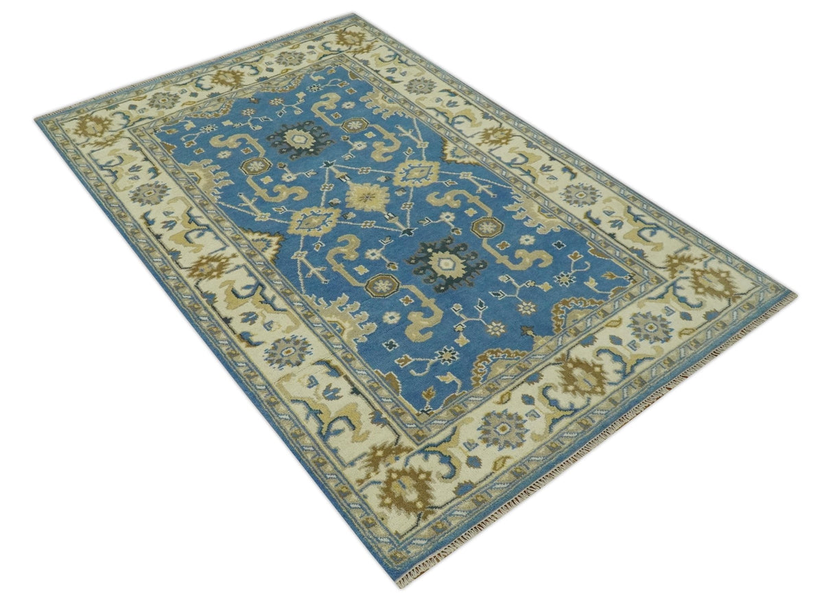 Blue and Beige 6x9 Hand Knotted Traditional Oushak wool area rug