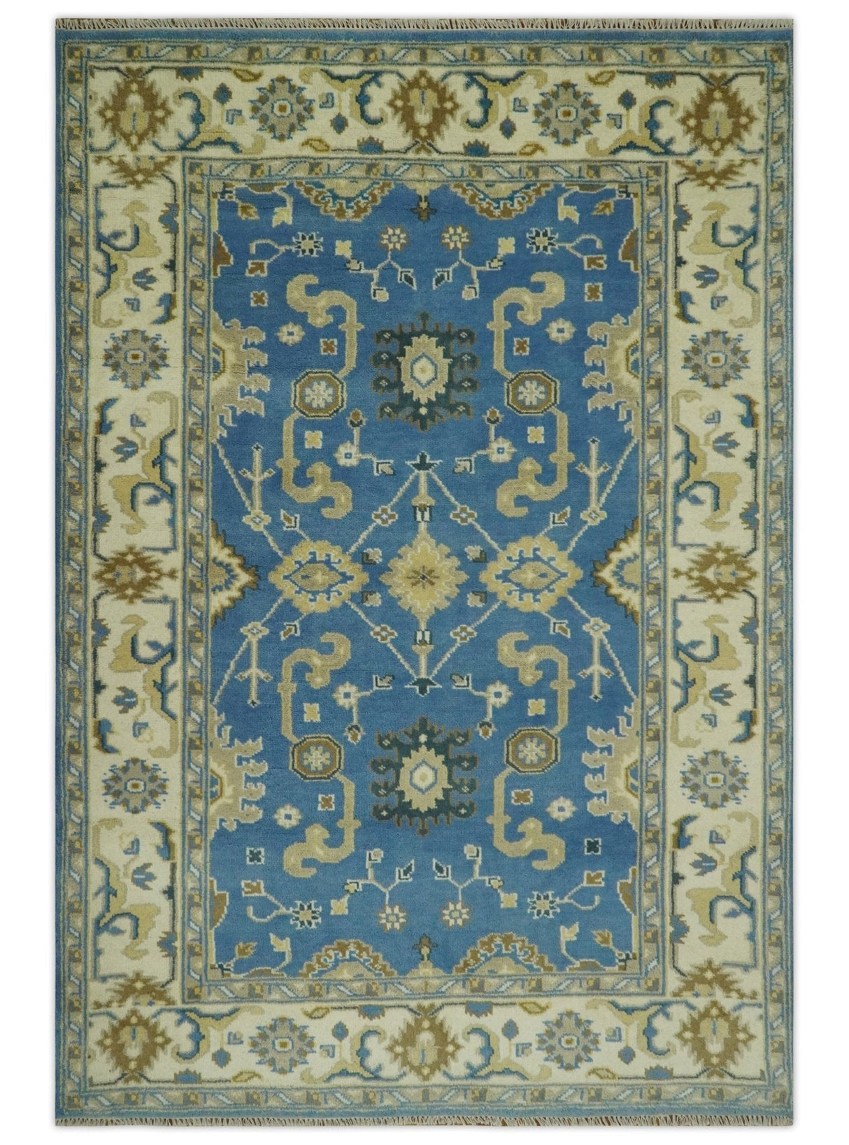 Blue and Beige 6x9 Hand Knotted Traditional Oushak wool area rug
