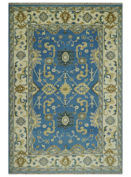 Blue and Beige 6x9 Hand Knotted Traditional Oushak wool area rug