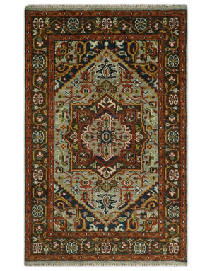 Blue and Brown Traditional Antique look Heriz Serapi Hand Knotted Custom Made wool Area Rug