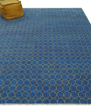 Blue and Charcoal geometrical honey comb design Hand knotted 8x9.6 wool Area Rug