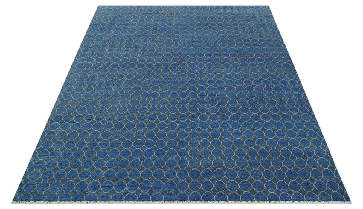Blue and Charcoal geometrical honey comb design Hand knotted 8x9.6 wool Area Rug