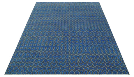 Blue and Charcoal geometrical honey comb design Hand knotted 8x9.6 wool Area Rug