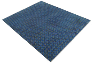Blue and Charcoal geometrical honey comb design Hand knotted 8x9.6 wool Area Rug