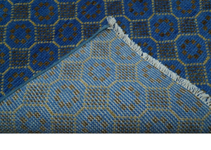 Blue and Charcoal geometrical honey comb design Hand knotted 8x9.6 wool Area Rug