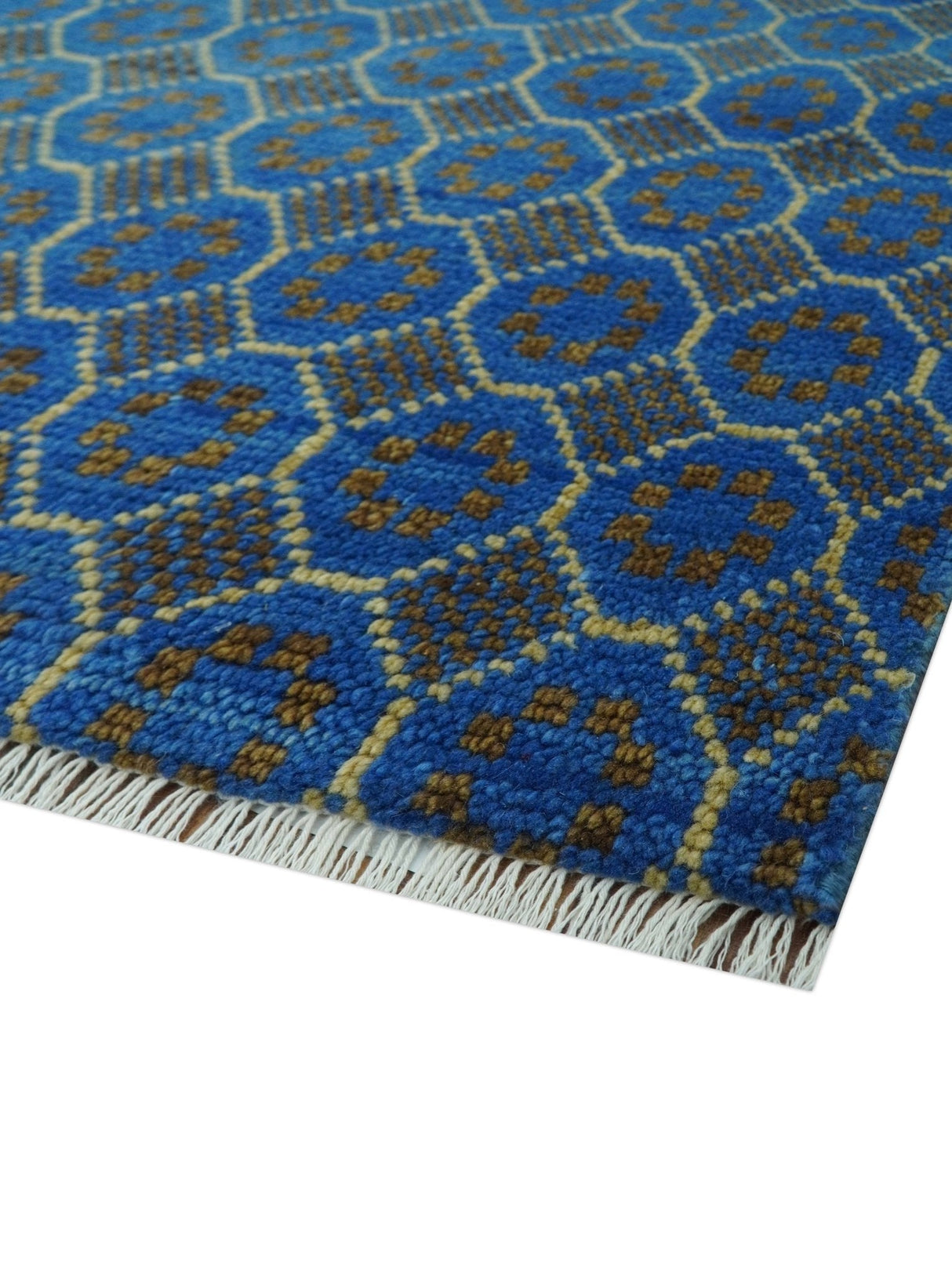 Blue and Charcoal geometrical honey comb design Hand knotted 8x9.6 wool Area Rug